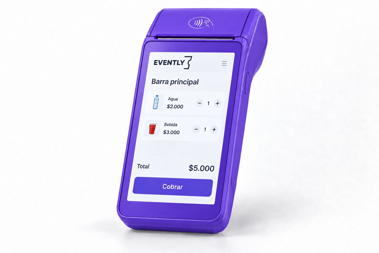 Terminal POS Evently morado con logo negro y pantalla de venta de productos
